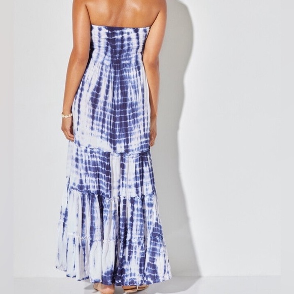 Womens Raviya Tie Dye Strapless Smocked Maxi Dress Cover up Medium White Blue - Picture 3 of 16